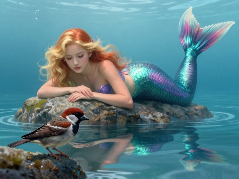 Mermy the mermaid chatting with Harrowed the sparrow