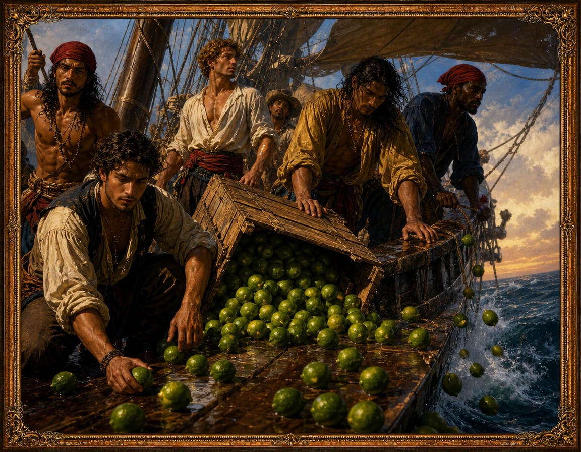 Pirate ship trying to catch runaway limes as they spill over